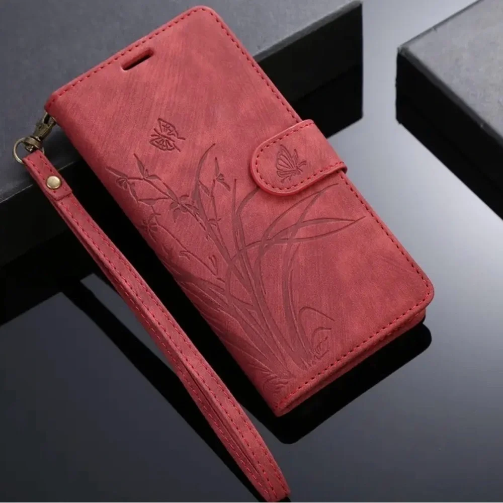 NWOT Elegant Red Embossed Women's Flower Faux Leather Flip Wallet IPhone Case